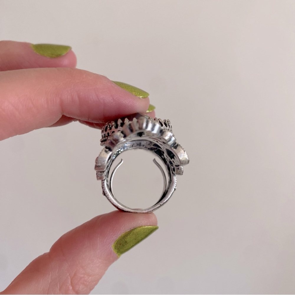 Silver Tone Ornate Cocktail Ring with Blue Stone - Picture 7 of 7